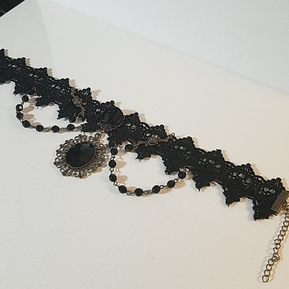 Black Beaded Satin Large Charm Choker 23" - Picture 8 of 8